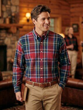 St Johns Bay Mens Medium Plaid Cotton Button Down Timeless Dark Academia Curated